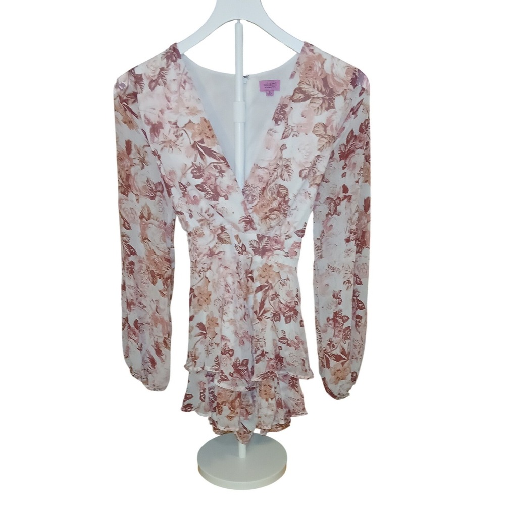 Mi Ami Francesca's Floral Long Sleeve Ruffle Tiered Romper Mauve White Small - Picture 2 of 5
